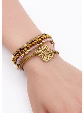 Hipanema Rose Quartz Gold Beads Medallion Multi Strand Bracelet Magnetic Clasp